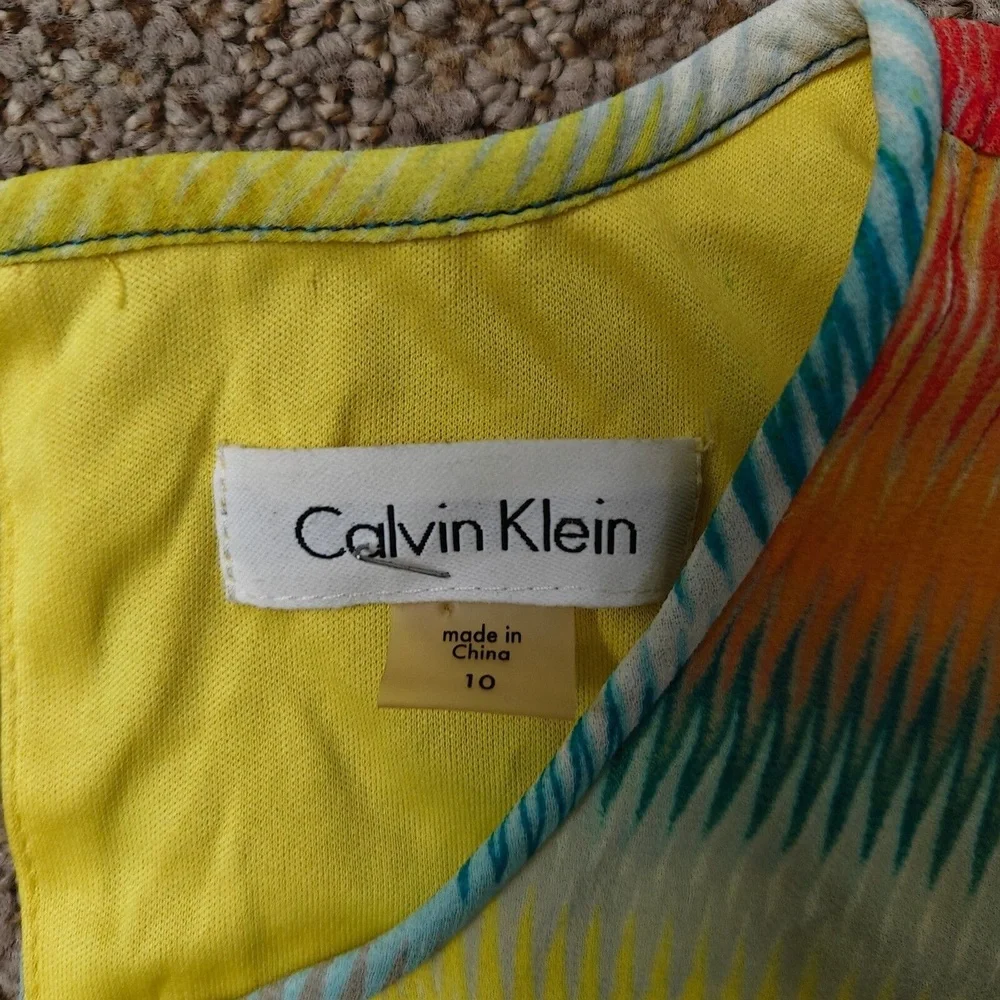 Calvin Klein Dress Womens 10 Yellow Abstract Print‎ Shift Chiffon Sleeveless